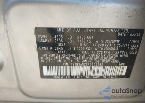 2015 Subaru Outback 2.5I Limited z USA, uszkodzony, nr VIN 4S4BSANC5F3305962